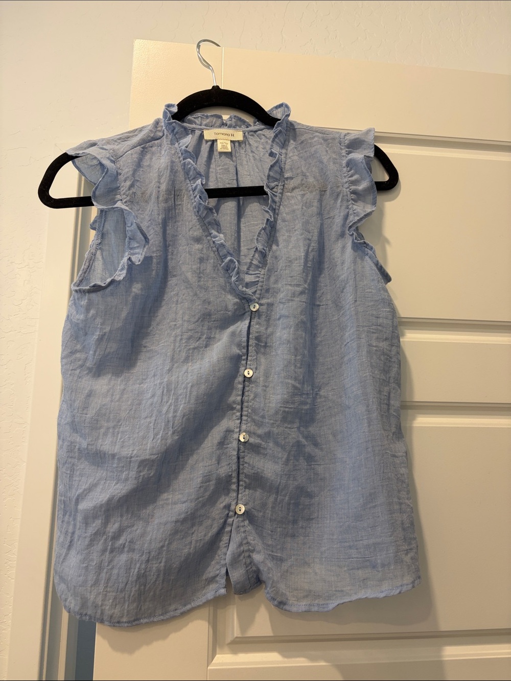 Soft Blue Ruffle Sleeve Button-Front Top